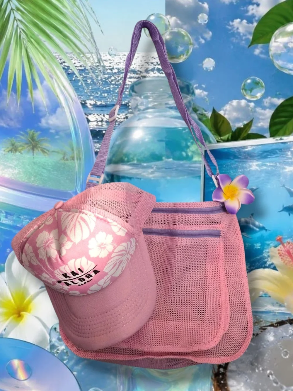 Hibiscus Hawaii Trucker Hat & Pink Purple Mesh Shoulder Beach Purse Bag Set